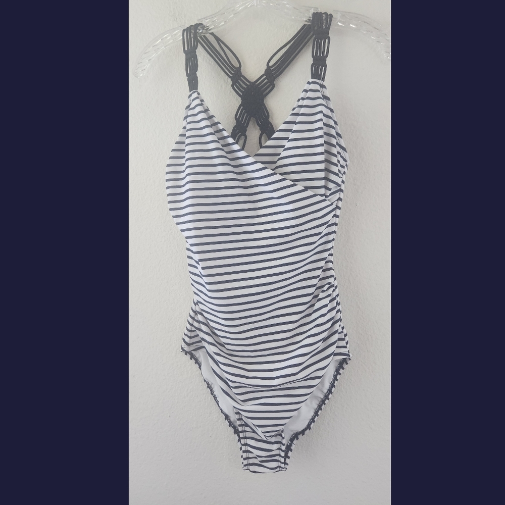 Kona Sol NWT Navy & White Striped Nautical One Piece Swimsuit Medium